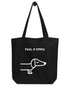 Schwarze Bio-Stofftasche mit weißem Dackel-Motiv und Paul Emma Logo - nachhaltige Hundetasche